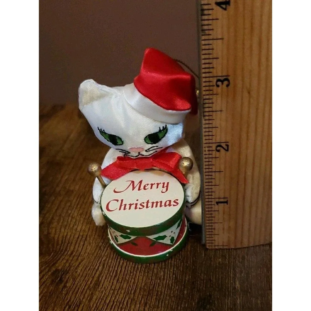 Fancy Feast 1991 Cat Christmas Ornament Cat Drummer White Satin Wood Drum Russ